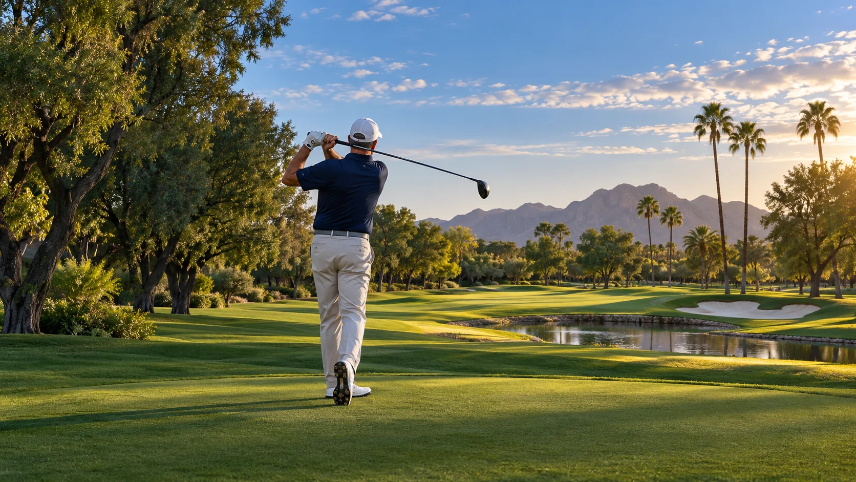 A golfer finishes his swing on a sunlit fairway with palms and desert mountains behind — SportsWIN event artwork for the Charles Schwab Cup Championship