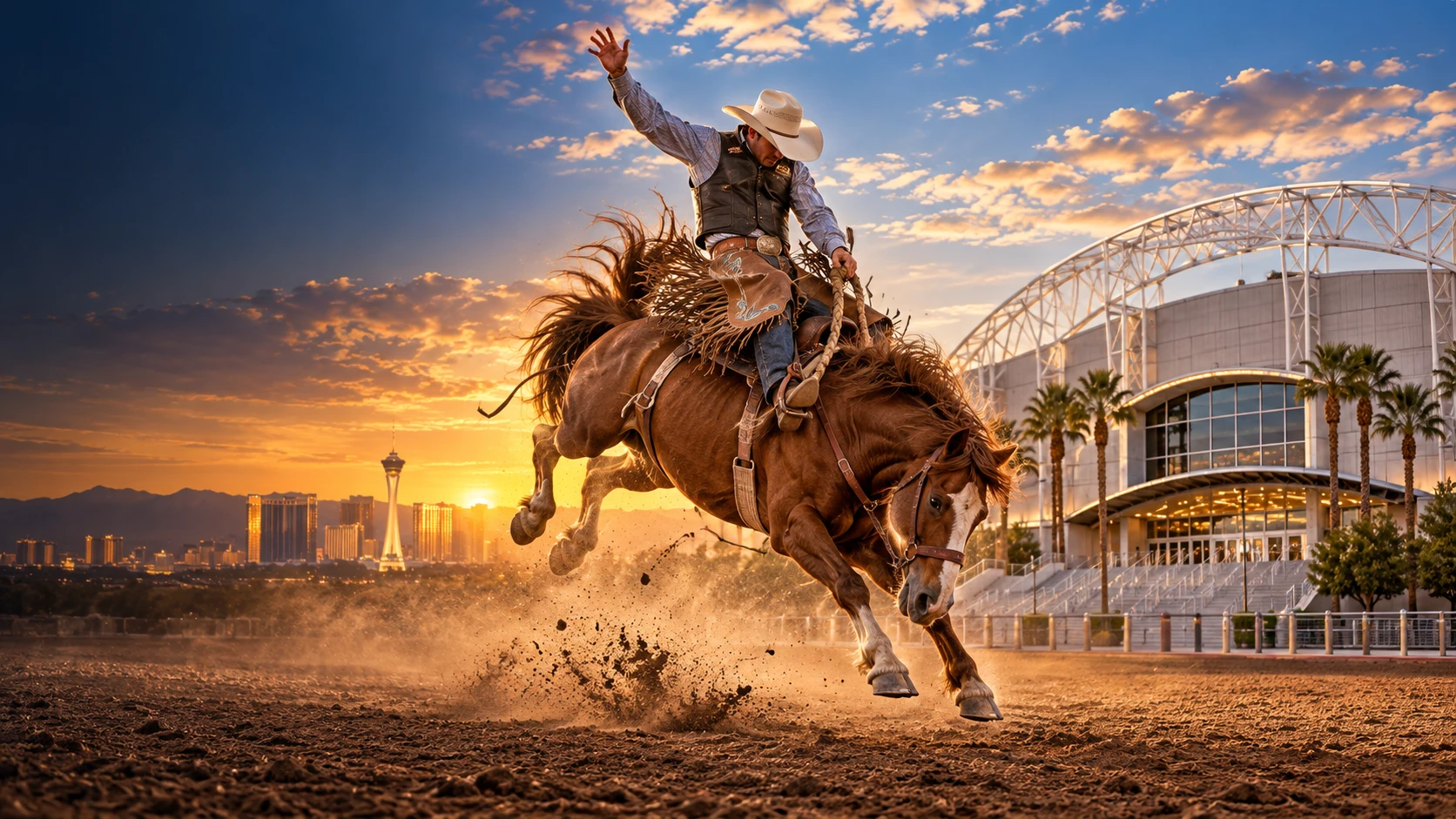 Bronc rider in a packed arena with the Las Vegas Strip behind — SportsWIN event artwork for the Wrangler National Finals Rodeo