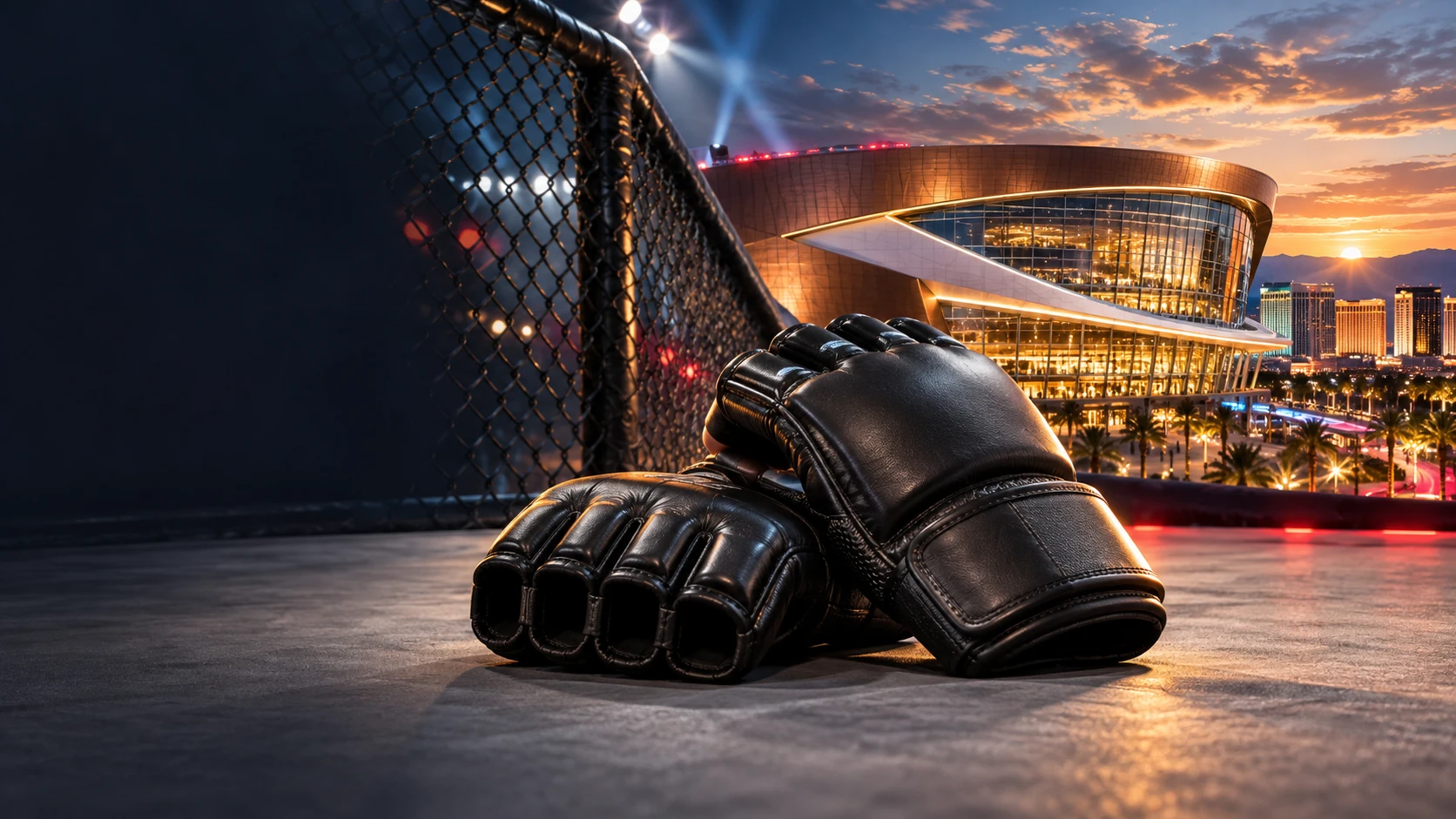 MMA gloves at the cage, T-Mobile Arena and the Las Vegas Strip at sunset — SportsWIN event artwork for UFC 335